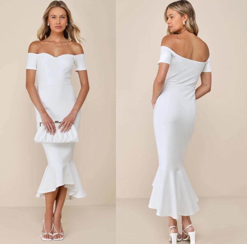 Lulus How Much I Care Ivory Off-the-Shoulder Midi Dress Mermaid Elegant Small